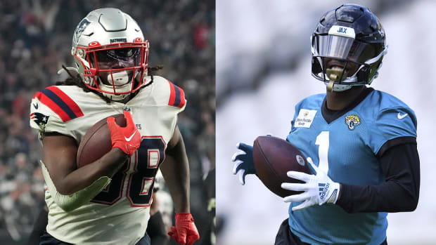 New England Patriots running back Rhamondre Stevenson and Jacksonville Jaguars running back Travis Etienne